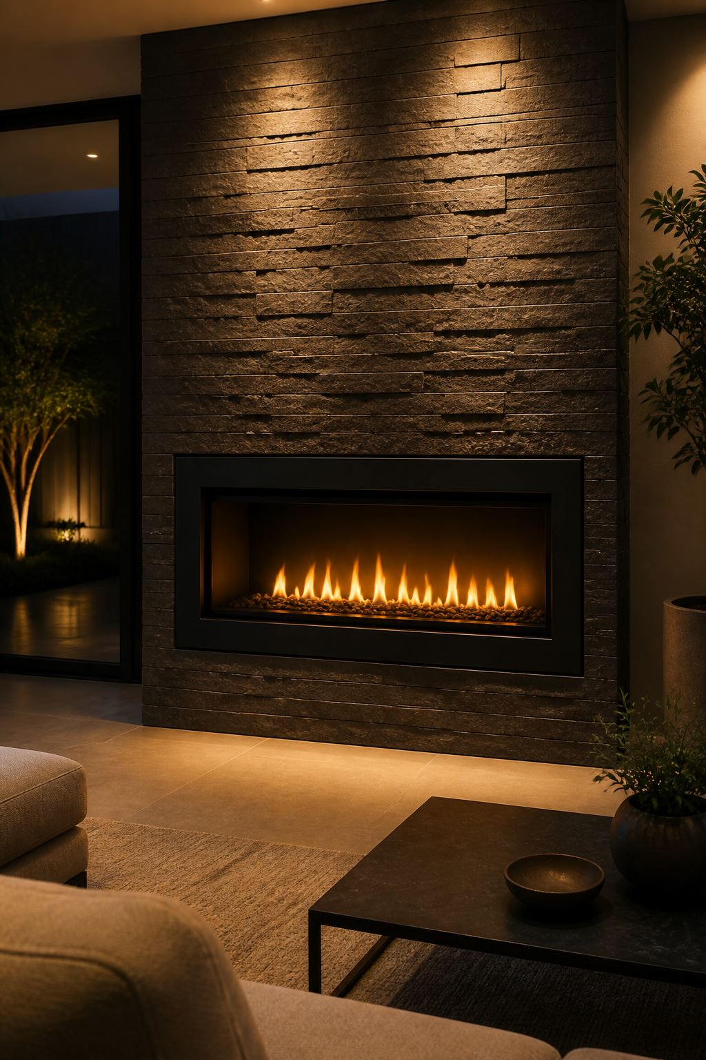 Modern gas fireplace in a stone feature wall