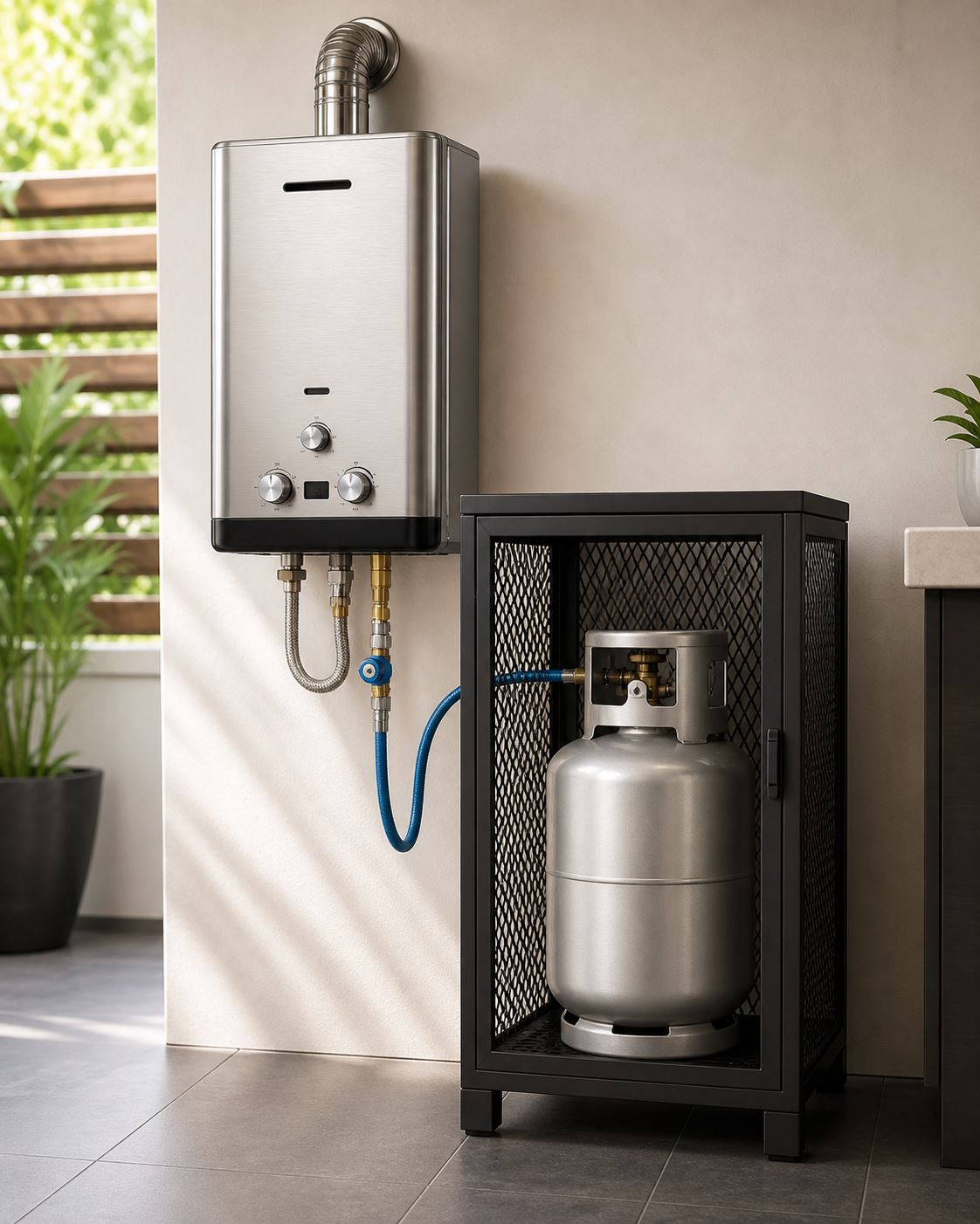 Gas water heater with LPG cylinder in a ventilated cage