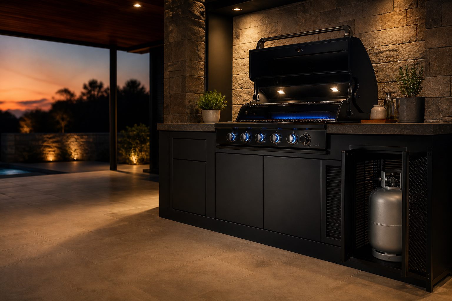 Modern outdoor gas kitchen with a built-in gas braai