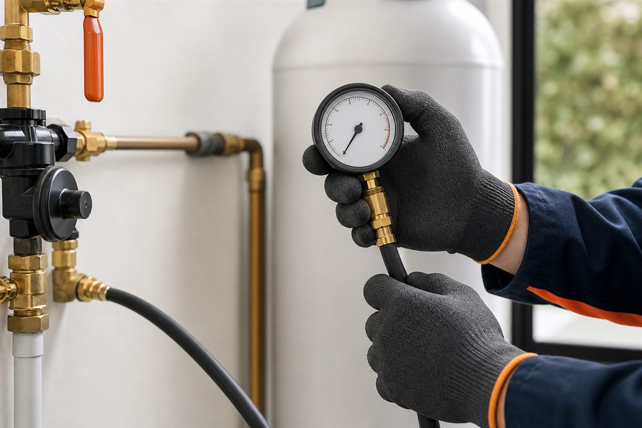 Professional LPG pressure gauge testing a gas installation